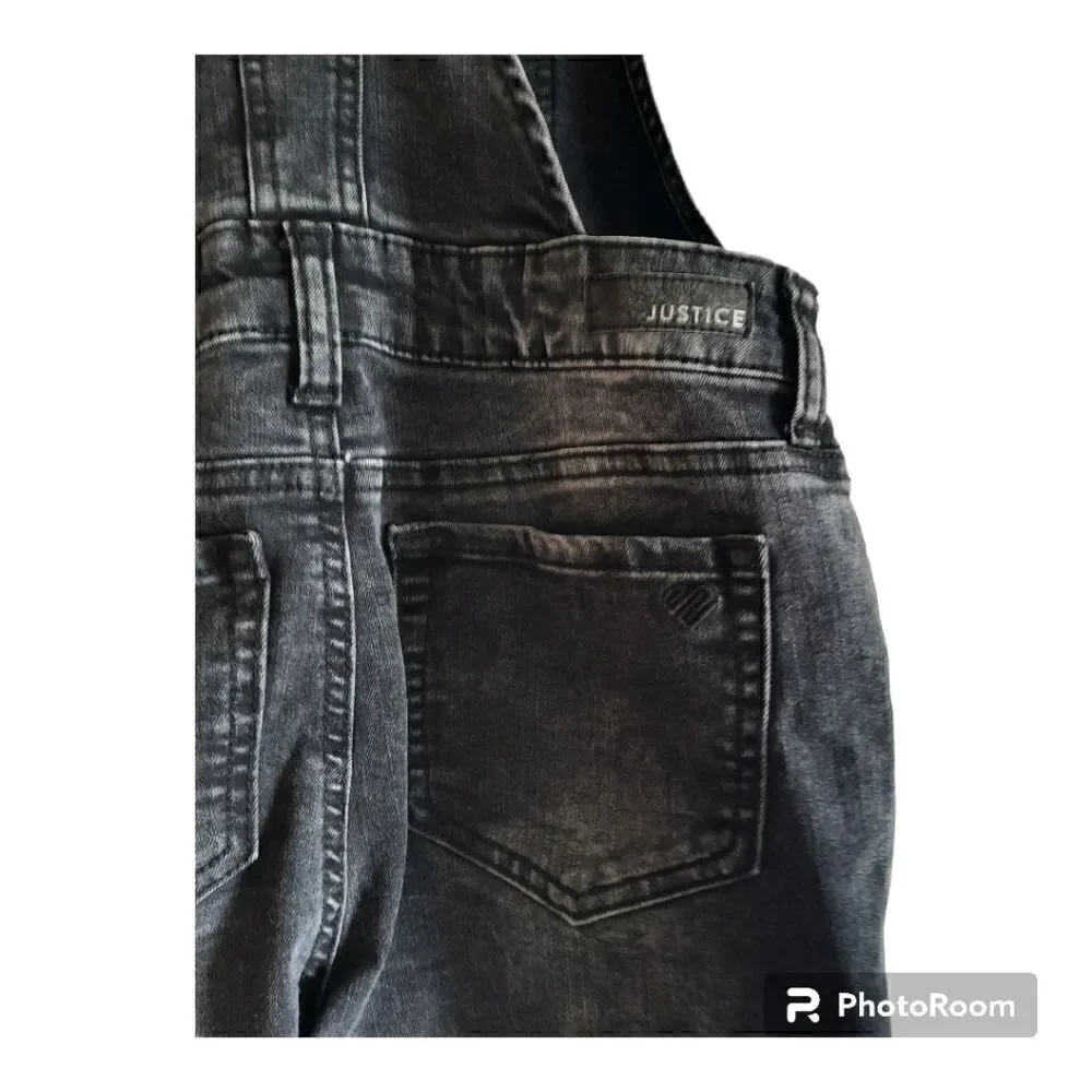 Justice Distressed Acid Wash Raw Hem Bib Overalls Jeans